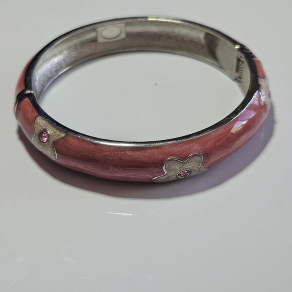 Silver Tone Pink And Cream Enamel Flower Hinged Bracelet 7.25" - Picture 13 of 16